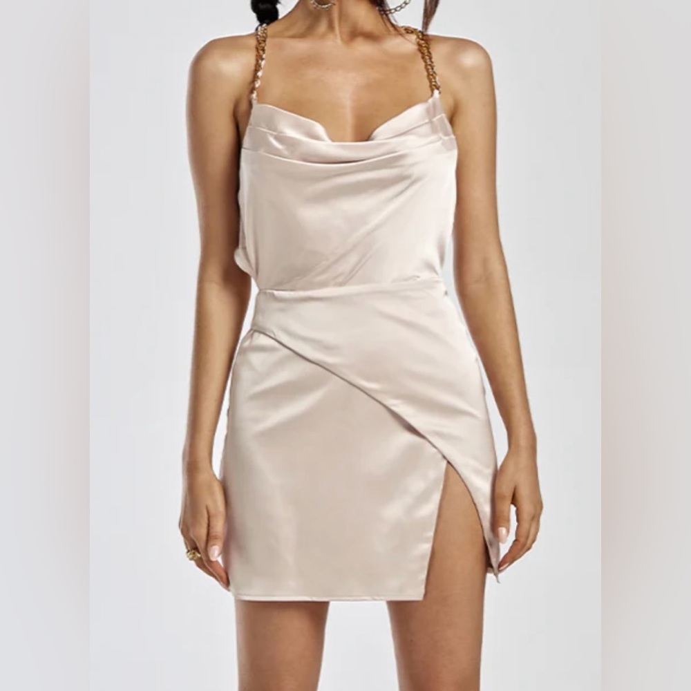 NWT Runaway The Label Chic Cream Satin Mini Dress with Gold Chain Straps